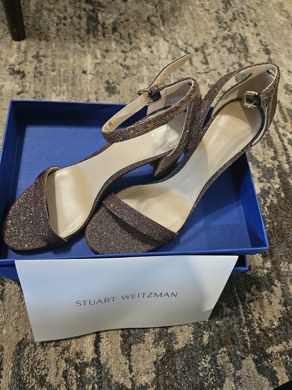 Stuart Weitzman Metallic Glitter Ankle-Strap Block Heels